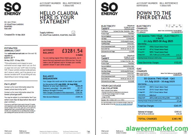 United Kingdom So Energy utility bill template in Word and PDF formats, 2 pages, version 2